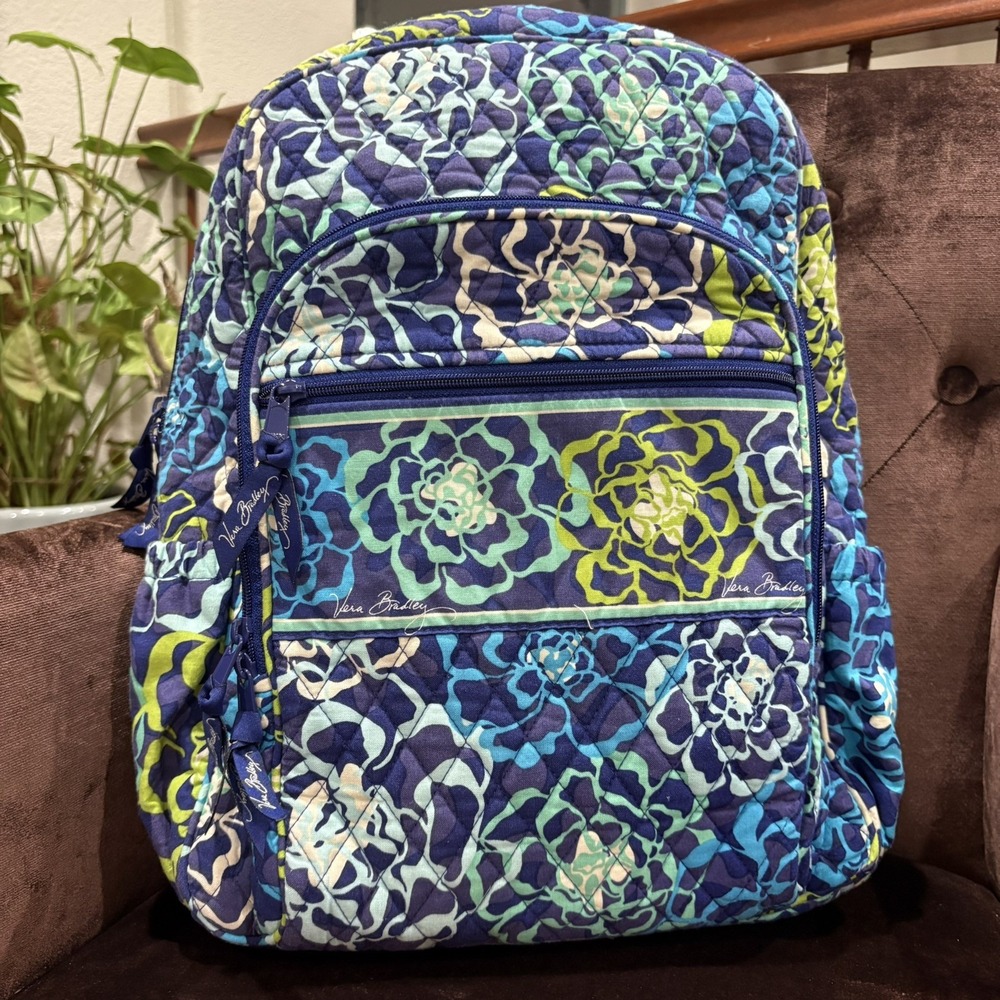 Vera Bradley Campus Backpack Blue Green Floral Quilted Cotton  Laptop Travel Bag